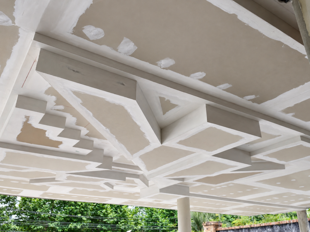 Teto geométrico de gesso em construção